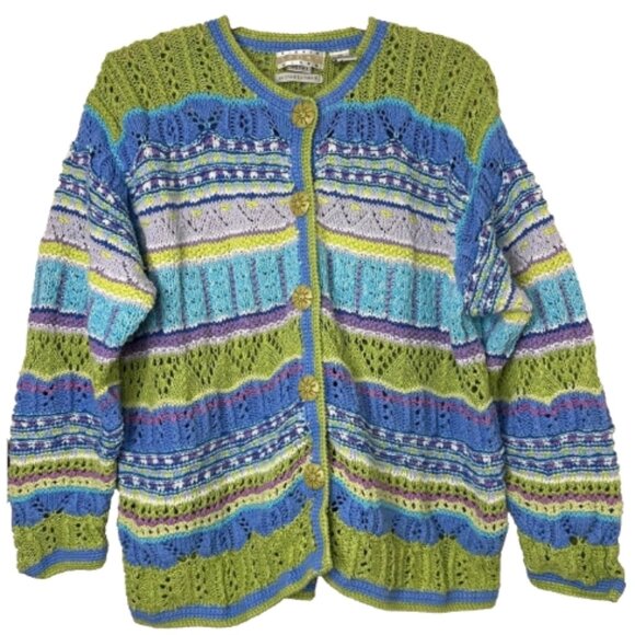2X Y2K VTG Sigrid Olsen Sport Hand-Knit Pastel Cardigan Sweater Cottage Grandma - Picture 1 of 6